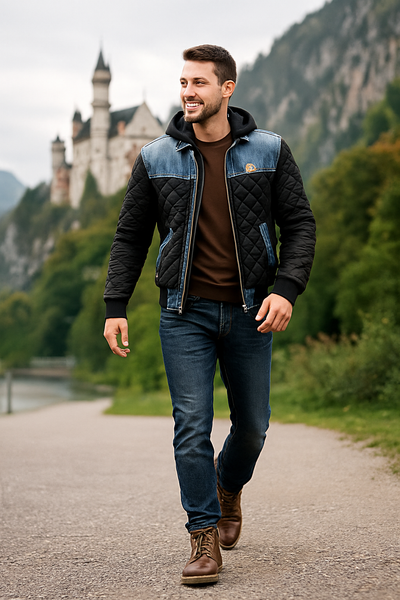 LEON PANZER | Schwarze hybrid-denim steppjacke