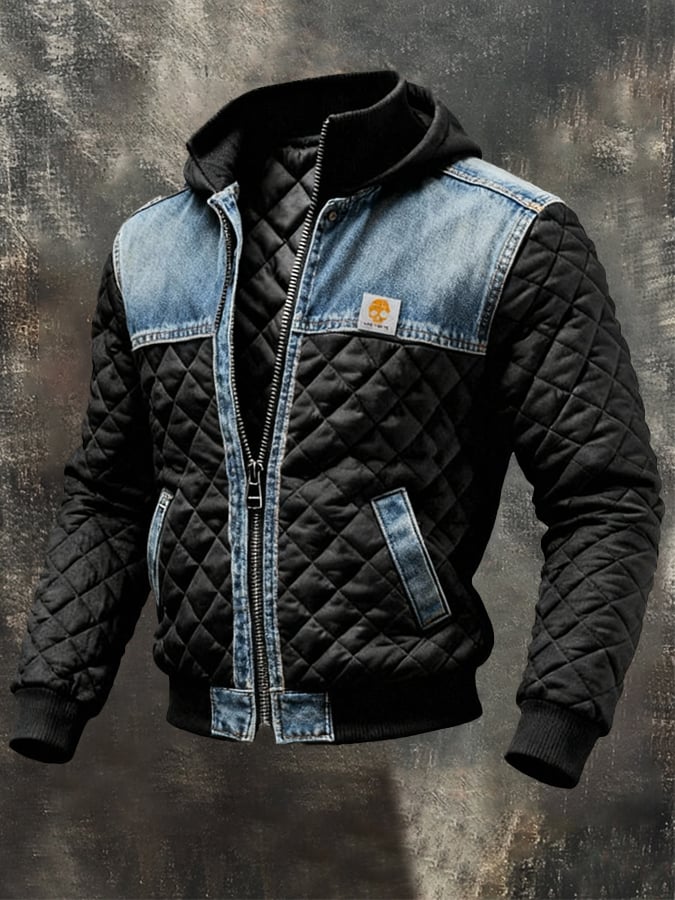 LEON PANZER | Schwarze hybrid-denim steppjacke